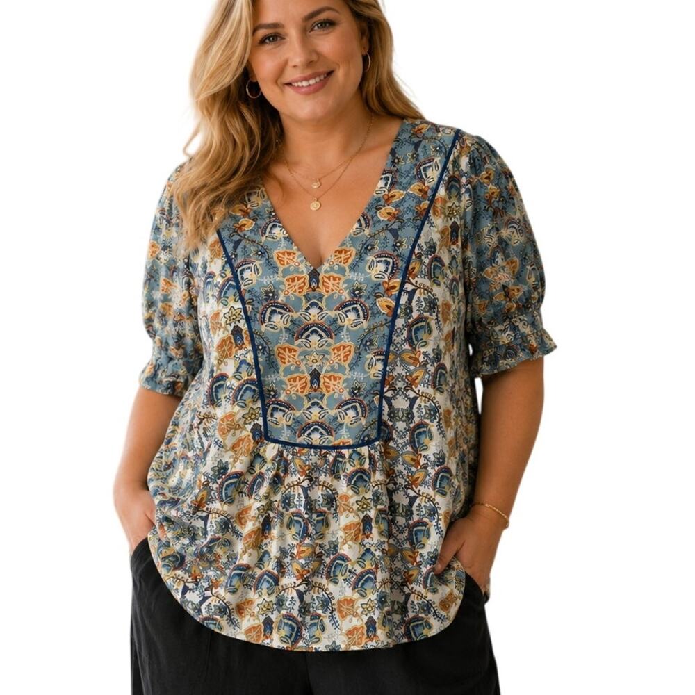 Rose & Olive Peasant Top Womens Size 1X Blue Yellow Mixed Print Ruffled Sleeve